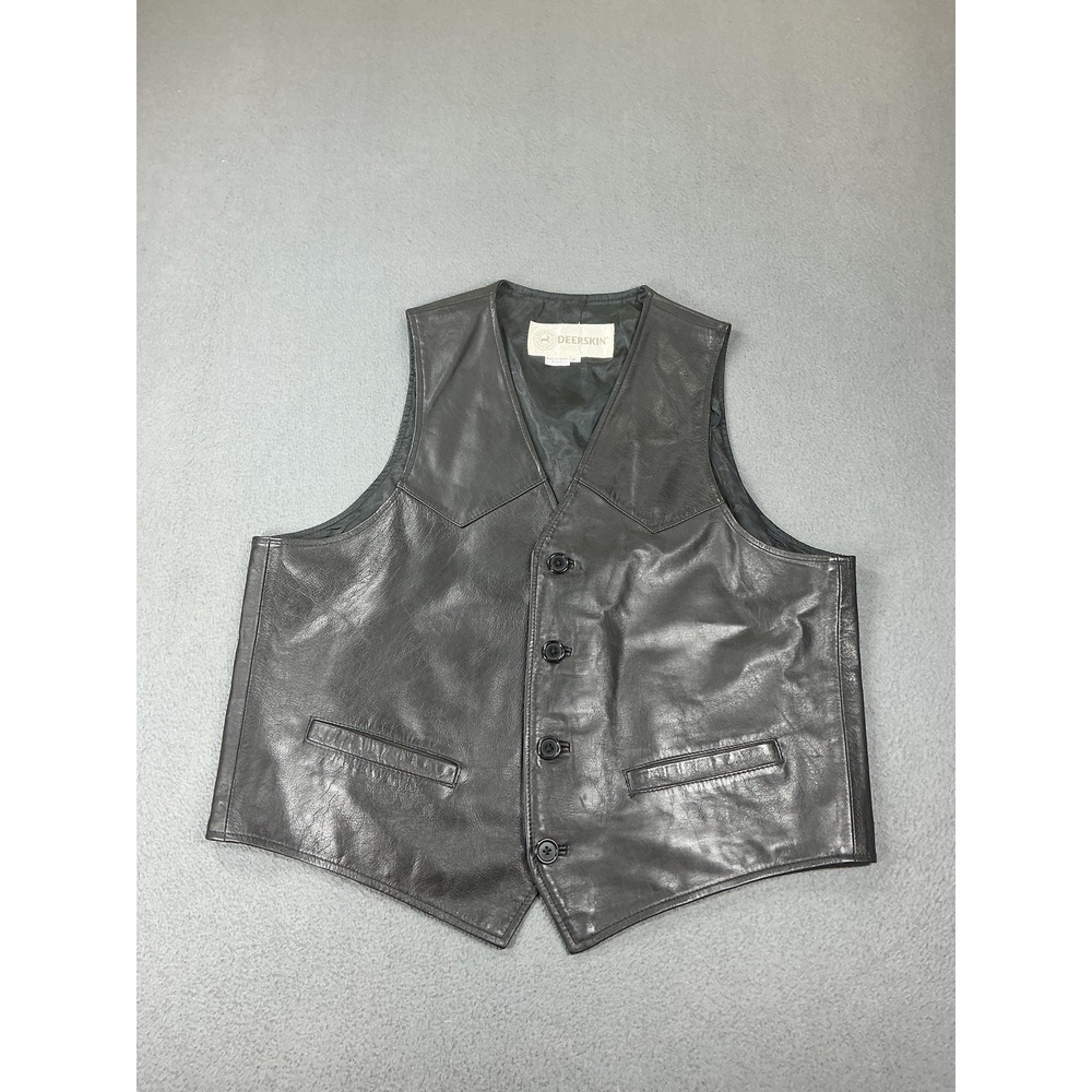 Vintage Deerskin Vest Mens XL‎ Black Leather Button Front Biker Motorcycle 80s